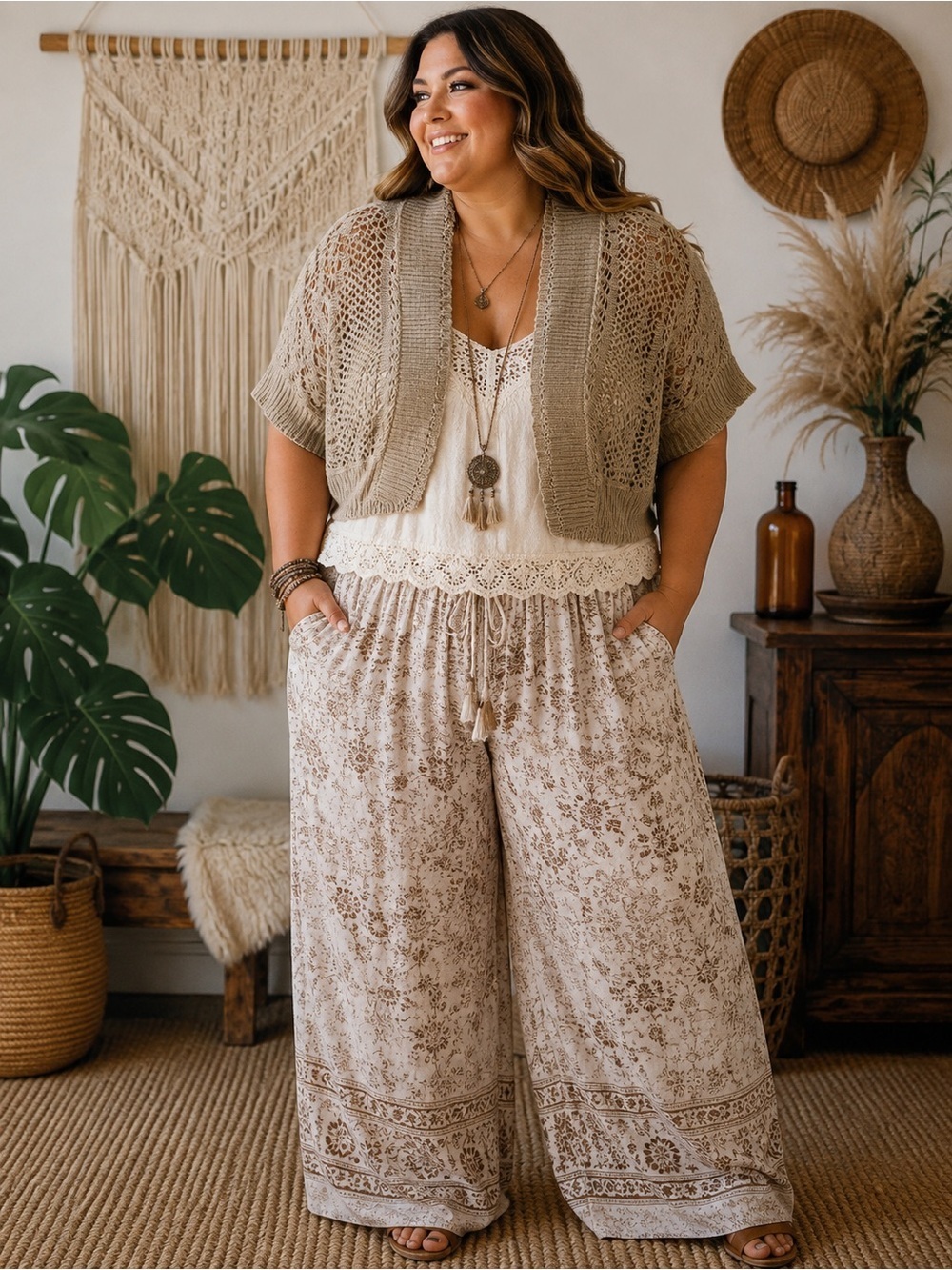 Crochet Shrug Boho Chic Beige Taupe Open Front Cardigan Cottage Core Plus size